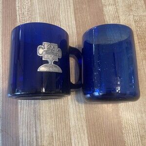 Vintage Cobalt Blue Glass Mug Cup Made In USA  “Good Thinking” Puzzle & Extra